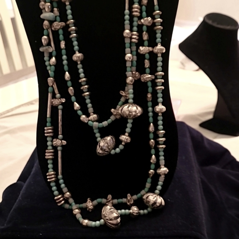 Long Silvertone And Turquoise Beaded Necklace